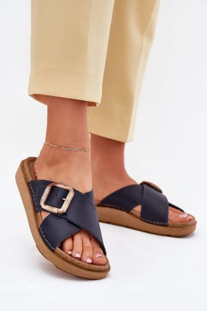 Women's Navy Blue Leather Sandals INBLU with Anatomical Insole and Buckle