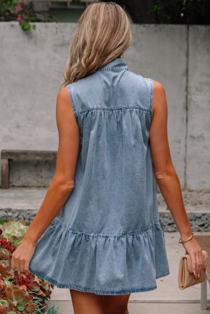 Sleeveless Cotton Chambray Dress with Ruffle Hem and Bow Tie Neck