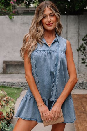 Sleeveless Cotton Chambray Dress with Ruffle Hem and Bow Tie Neck