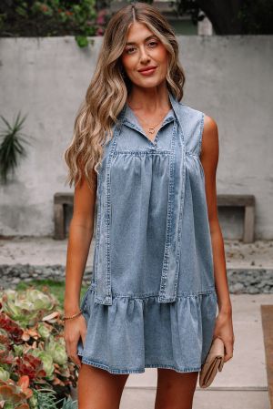 Sleeveless Cotton Chambray Dress with Ruffle Hem and Bow Tie Neck