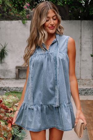 Sleeveless Cotton Chambray Dress with Ruffle Hem and Bow Tie Neck