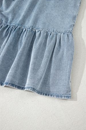 Sleeveless Cotton Chambray Dress with Ruffle Hem and Bow Tie Neck