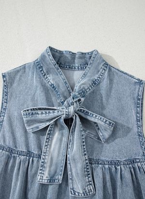 Sleeveless Cotton Chambray Dress with Ruffle Hem and Bow Tie Neck