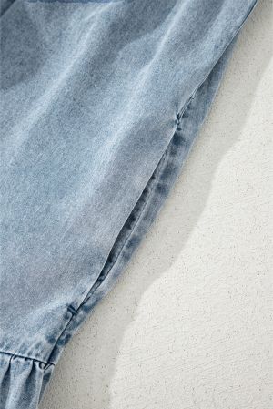 Sleeveless Cotton Chambray Dress with Ruffle Hem and Bow Tie Neck