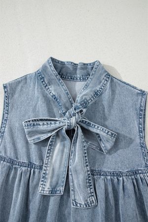 Sleeveless Cotton Chambray Dress with Ruffle Hem and Bow Tie Neck