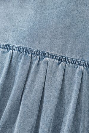 Sleeveless Cotton Chambray Dress with Ruffle Hem and Bow Tie Neck