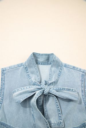 Sleeveless Cotton Chambray Dress with Ruffle Hem and Bow Tie Neck
