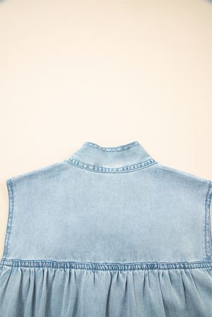 Sleeveless Cotton Chambray Dress with Ruffle Hem and Bow Tie Neck