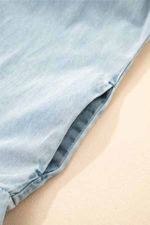 Sleeveless Cotton Chambray Dress with Ruffle Hem and Bow Tie Neck