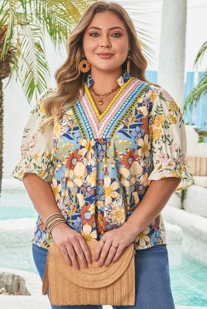 Multicolour Plus Size Floral Print Woven V Neck Half Sleeve Blouse