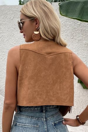 Brown Suedette Fringe Vest with Snap Button Front