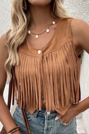 Brown Suedette Fringe Vest with Snap Button Front