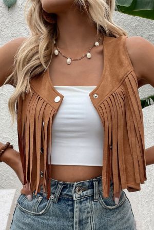 Brown Suedette Fringe Vest with Snap Button Front