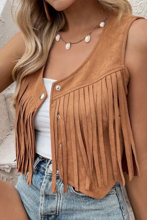 Brown Suedette Fringe Vest with Snap Button Front