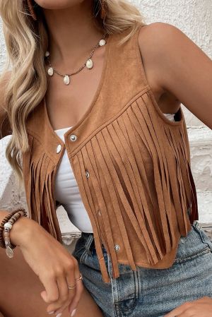 Brown Suedette Fringe Vest with Snap Button Front