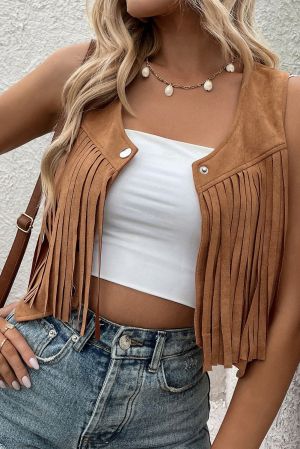 Brown Suedette Fringe Vest with Snap Button Front