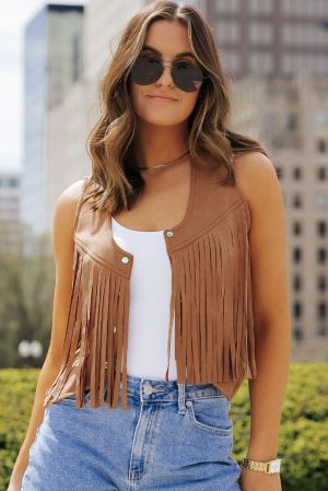 Brown Suedette Fringe Vest with Snap Button Front