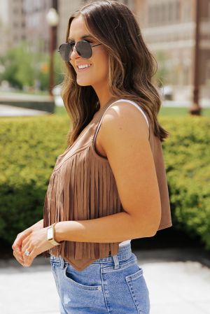 Brown Suedette Fringe Vest with Snap Button Front
