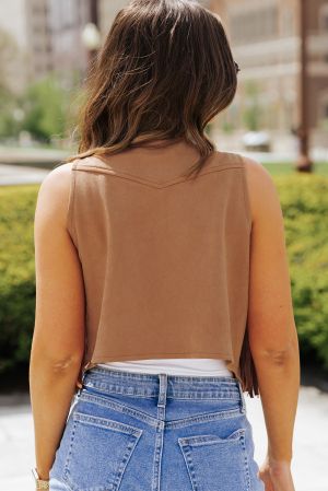 Brown Suedette Fringe Vest with Snap Button Front