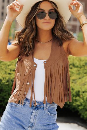 Brown Suedette Fringe Vest with Snap Button Front