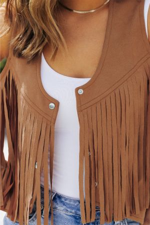 Brown Suedette Fringe Vest with Snap Button Front