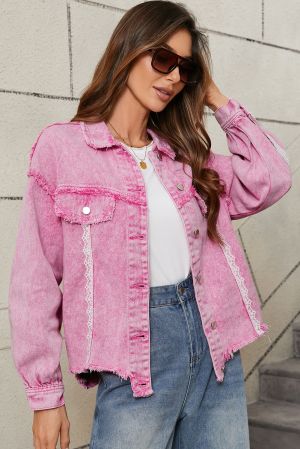 Pink Distressed Denim Jacket with Lace Patchwork and Buttons