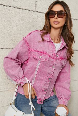 Pink Distressed Denim Jacket with Lace Patchwork and Buttons