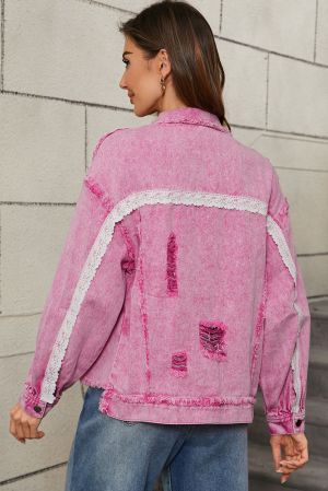 Pink Distressed Denim Jacket with Lace Patchwork and Buttons
