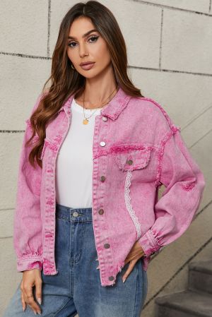 Pink Distressed Denim Jacket with Lace Patchwork and Buttons