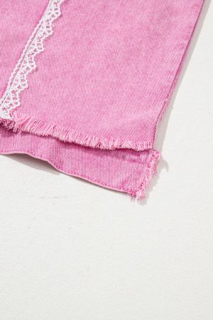 Pink Distressed Denim Jacket with Lace Patchwork and Buttons