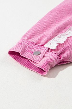 Pink Distressed Denim Jacket with Lace Patchwork and Buttons