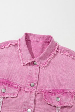 Pink Distressed Denim Jacket with Lace Patchwork and Buttons