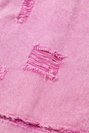 Pink Distressed Denim Jacket with Lace Patchwork and Buttons