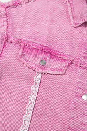 Pink Distressed Denim Jacket with Lace Patchwork and Buttons