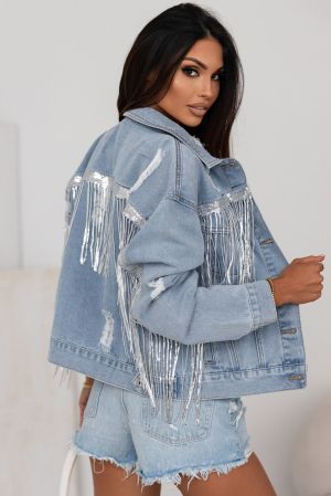 Light Blue Denim Jacket with Sequin Embellishments and Fringe Details