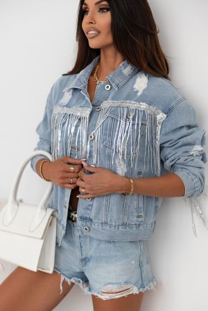 Light Blue Denim Jacket with Sequin Embellishments and Fringe Details