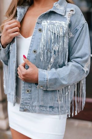 Light Blue Denim Jacket with Sequin Embellishments and Fringe Details