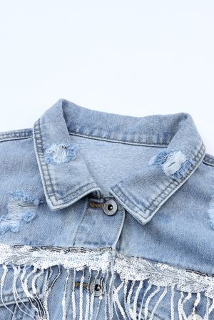 Light Blue Denim Jacket with Sequin Embellishments and Fringe Details