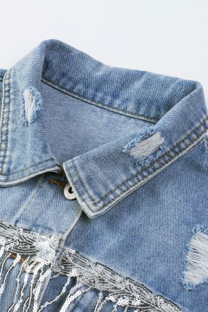 Light Blue Denim Jacket with Sequin Embellishments and Fringe Details