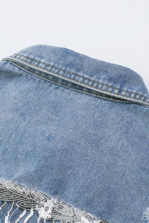 Light Blue Denim Jacket with Sequin Embellishments and Fringe Details