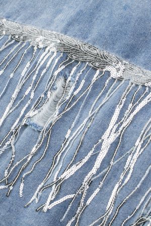Light Blue Denim Jacket with Sequin Embellishments and Fringe Details
