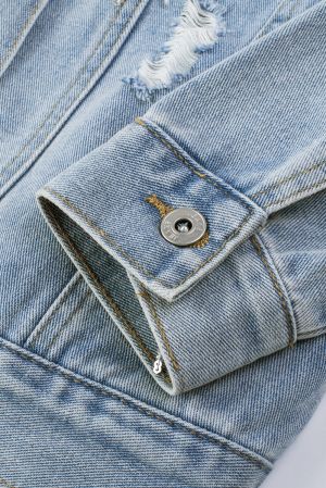 Light Blue Denim Jacket with Sequin Embellishments and Fringe Details
