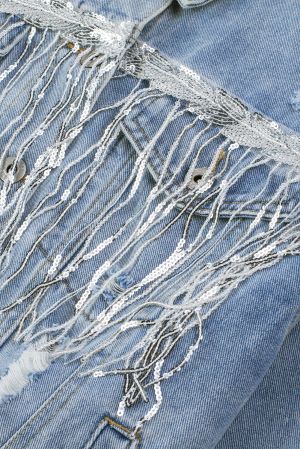 Light Blue Denim Jacket with Sequin Embellishments and Fringe Details