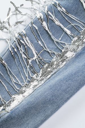 Light Blue Denim Jacket with Sequin Embellishments and Fringe Details