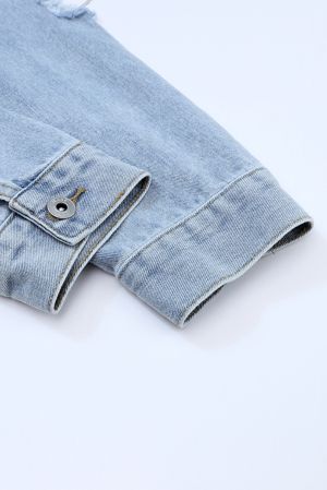 Light Blue Denim Jacket with Sequin Embellishments and Fringe Details