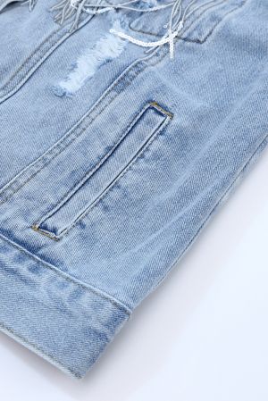 Light Blue Denim Jacket with Sequin Embellishments and Fringe Details
