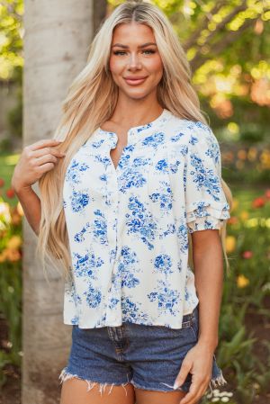 Floral Tiered Puff Short Sleeve Pleated Bust Buttoned Casual Shirt