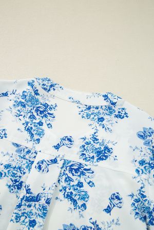 Floral Tiered Puff Short Sleeve Pleated Bust Buttoned Casual Shirt