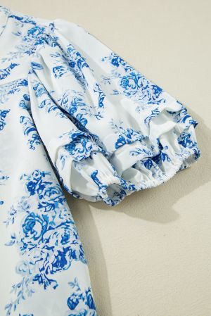 Floral Tiered Puff Short Sleeve Pleated Bust Buttoned Casual Shirt