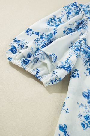 Floral Tiered Puff Short Sleeve Pleated Bust Buttoned Casual Shirt